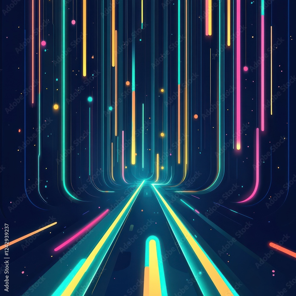 Poster glowing lines flow towards a vanishing point in a digital world, suitable for technology backgrounds