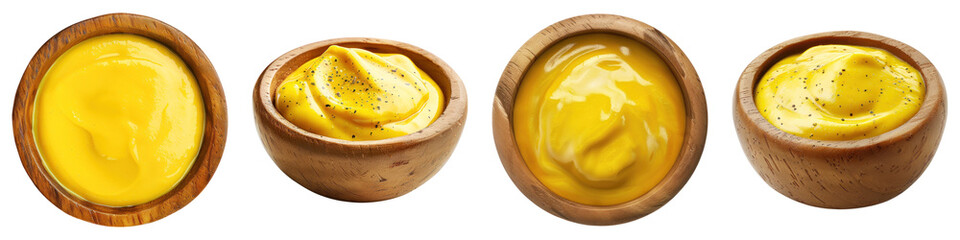 Mustard sauce in a wooden bowl isolated on transparent background, PNG, Set of