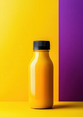 Close-up of a yellow glass bottle with a black cap. the bottle is placed on a yellow surface with a purple background.