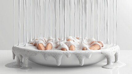 Creamy sauce pouring over snacks in bowl
