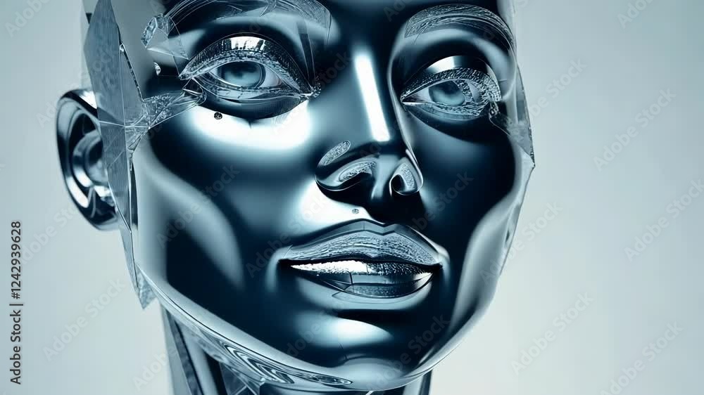 Poster futuristic metallic robot face showcasing advanced technology and design in a close-up perspective
