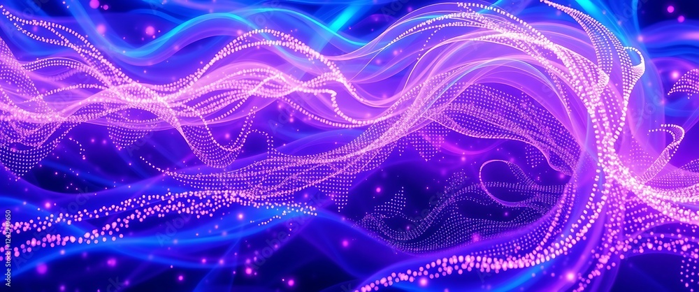 Poster flowing colors and lights in a dynamic wave pattern suggesting energy and rhythm in motion.