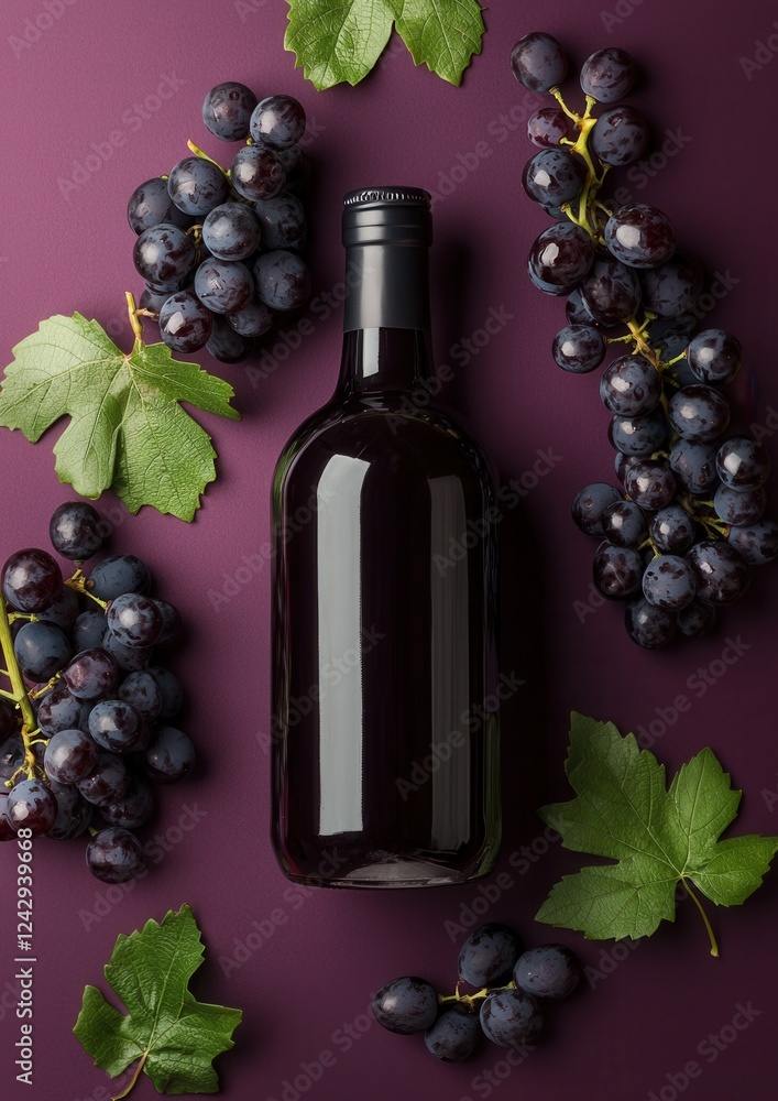 Poster bottle of red wine with a black cap and a label on it. the bottle is placed on a purple background w