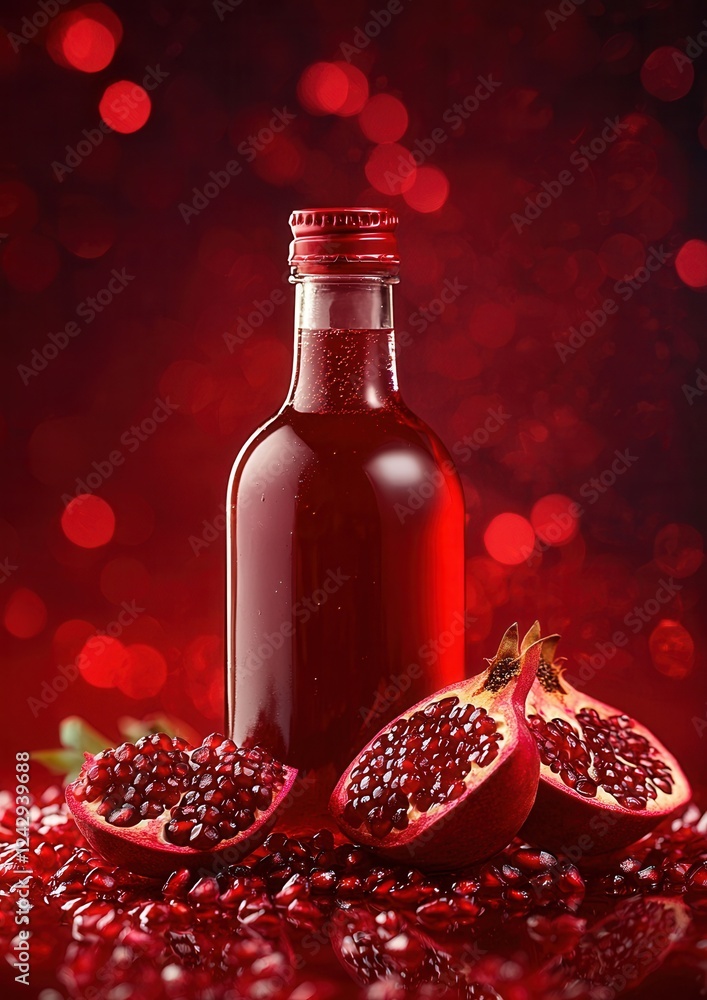 Poster bottle of pomegranate juice on a red background with bokeh lights. the bottle is made of glass and h