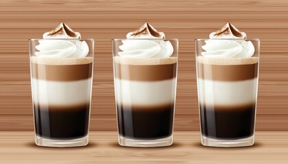 Three elegant latte macchiatos in clear glasses, showcasing perfect layers of espresso and milk, topped with whipped cream and cinnamon dust, set against a warm, wooden background.