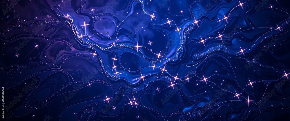 Poster depth of dark blue with scattered sparkling stars and flowing patterns