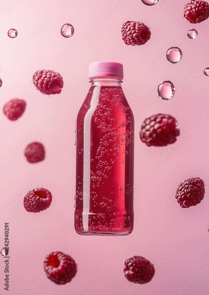 Poster bottle of raspberry juice with a pink cap. the bottle is filled with a red liquid and there are seve