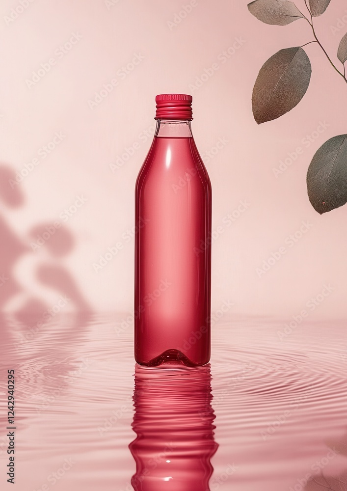 Poster 3d rendering of a red glass bottle with a red cap. the bottle is placed on a pink surface with a ref