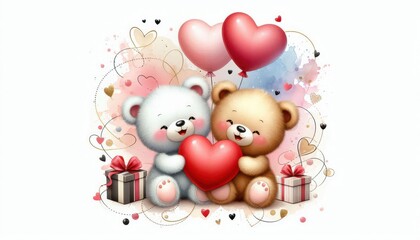 Fototapeta premium valentine's day idea of romantic teddy bears, hug with pink red heart shape, gift box on soft background with copy space 