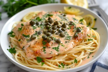 A bowl of creamy lemon chicken piccata with angel hair pasta, garnished with capers and fresh parsley.