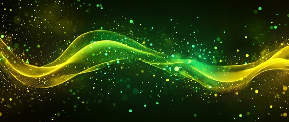 Glowing yellow particles and green landscape create an abstract universe with flying sand on a dark night