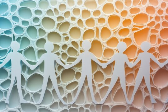 conceptual business image showing diverse paper cutout figures linked together, held by caring hands against soft gradient background