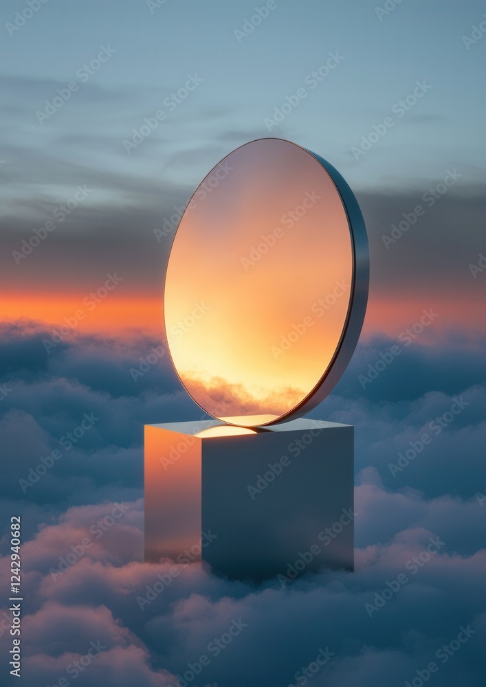 Poster digital art piece that appears to be a photograph of a sphere floating above the clouds. the sphere 