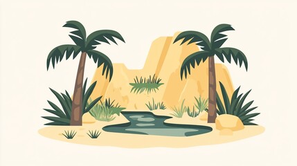 Fototapeta premium Illustration of a desert oasis with two palm trees, a pond and sand dunes in a minimalist style