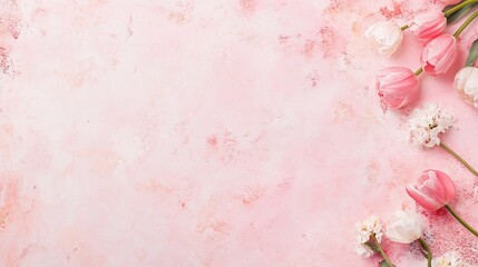 Obraz premium Tulips on a Pink Background, Flat Lay Top View, Women’s Day Concept Banner Template with Copy Space, Minimalist Mockup Design