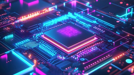 Obraz premium A sleek central processing unit depicted with vibrant neon hues, surrounded by holographic database streams and quantum algorithms visualized in 3D.