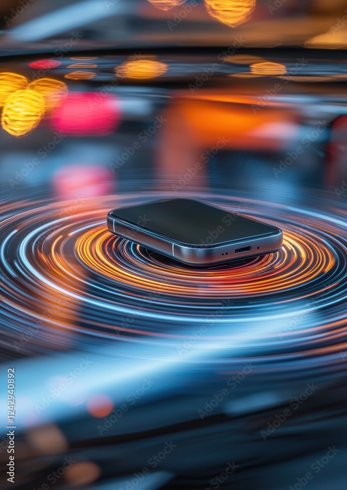 Poster close-up of a smartphone resting on a circular surface. the phone is black and appears to be in the 