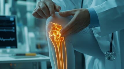 Professional healthcare consultation focusing on knee joint pain, physician documenting symptoms, patient demonstration of affected area, medical office environment, natural lighting from window,