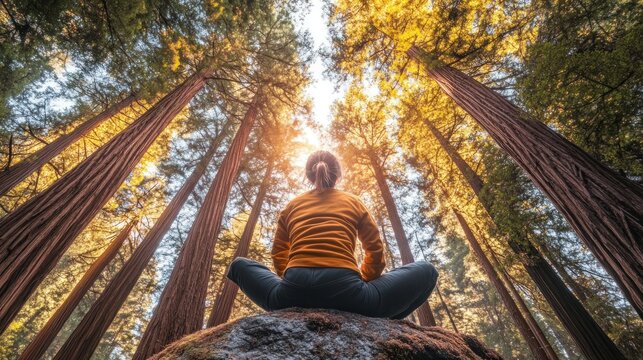 Woman meditates amidst towering redwood trees in a forest