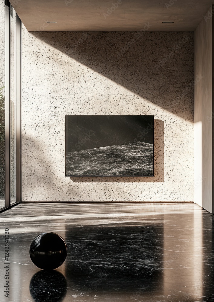 Poster empty room with a large window on the left side. the floor is made of black marble tiles and there i