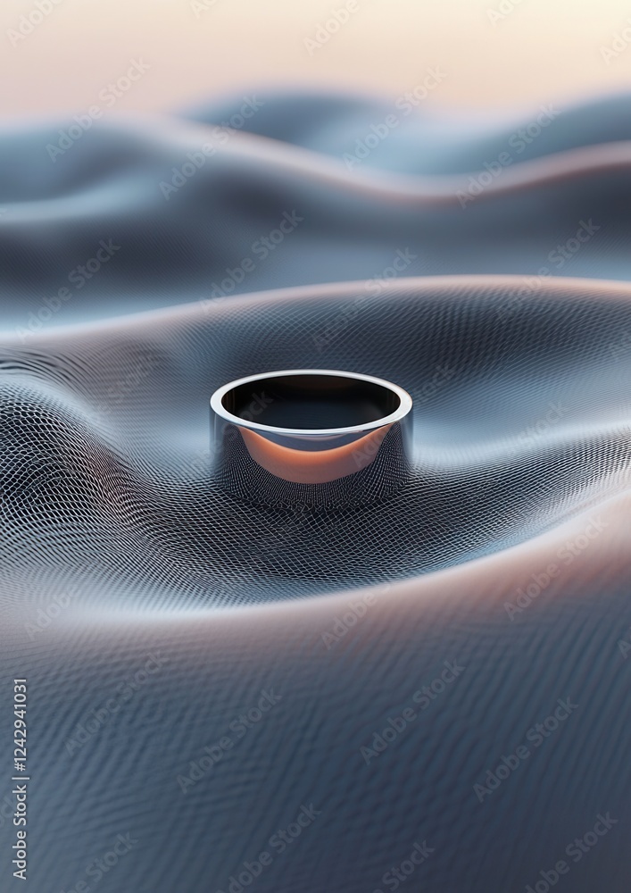Poster close-up of a ring on a wave-like surface. the ring is in the center of the image and is black in co