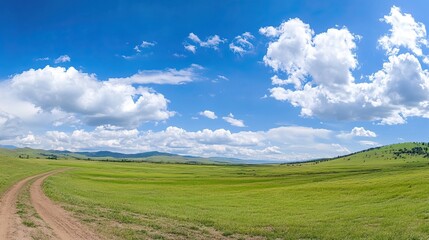 Fototapeta premium Expansive view of a wide open field with green wheat and grass, dirt road, and an isolated tree under the blue sky, capturing tranquility and harmony.