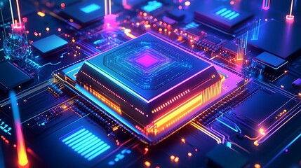 A sleek central processing unit depicted with vibrant neon hues, surrounded by holographic database streams and quantum algorithms visualized in 3D.