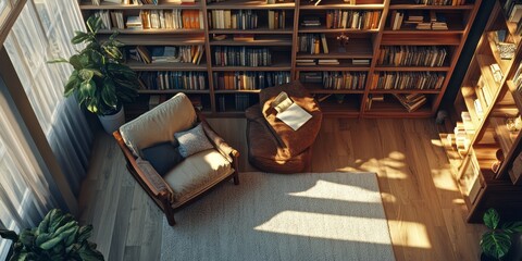 Fototapeta premium Sunlit Library Reading Nook With Comfortable Seating