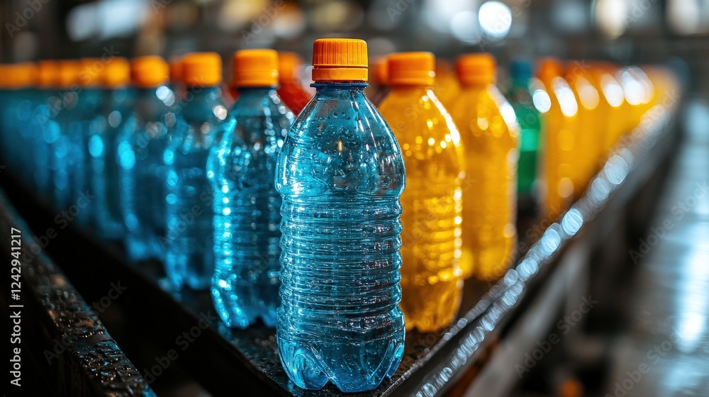 Poster colorful array of water bottles in a factory setting, highlighting production and organization