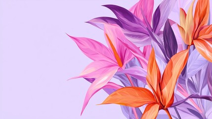Vibrant floral bouquet with pink, purple, and orange hues on a light lavender background, blank space for text, elegant design for marketing materials.