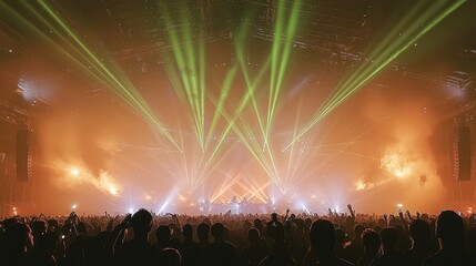 A music festival, with green laser lights and pyrotechnics. The energy of the crowd is infectious. Vibrant laser lighting with smoke effects.
