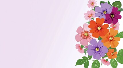 Vibrant floral bouquet with pink, purple, and orange hues on a light lavender background, blank space for text, elegant design for marketing materials.