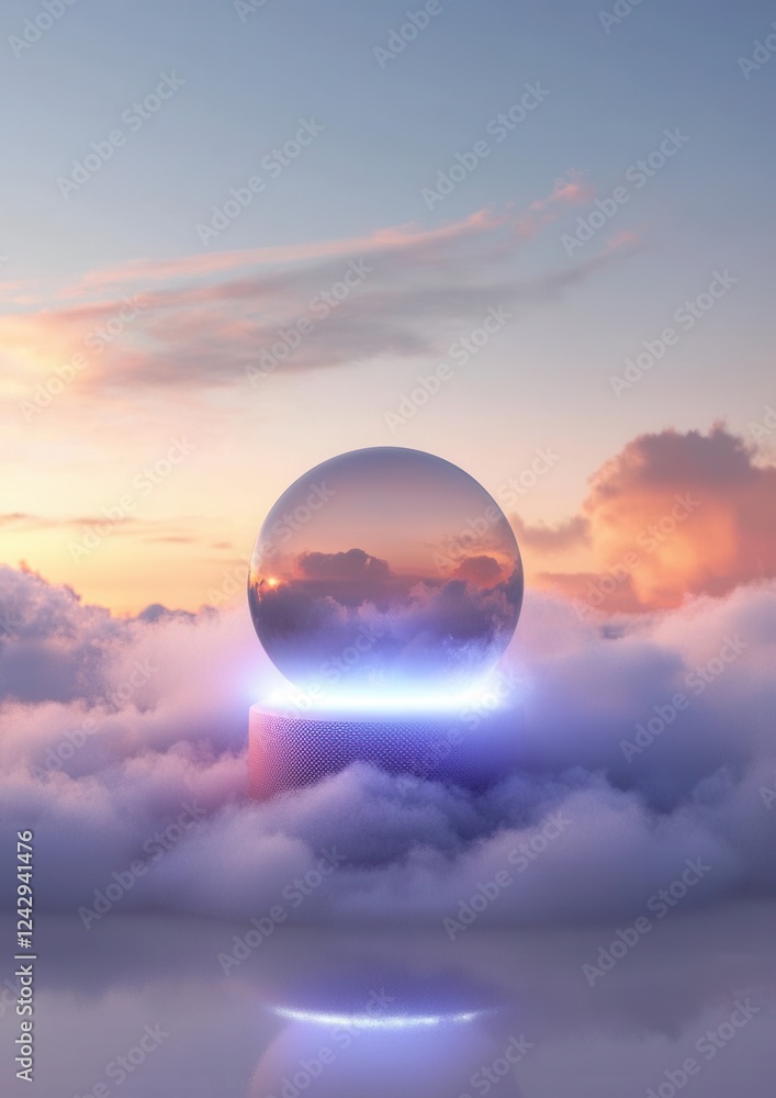 Poster digital illustration of a sphere floating on top of a cloud. the sphere is spherical and appears to 
