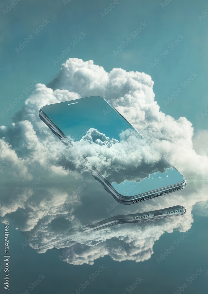 Poster digital illustration of a smartphone floating in the sky. the smartphone is in the center of the ima