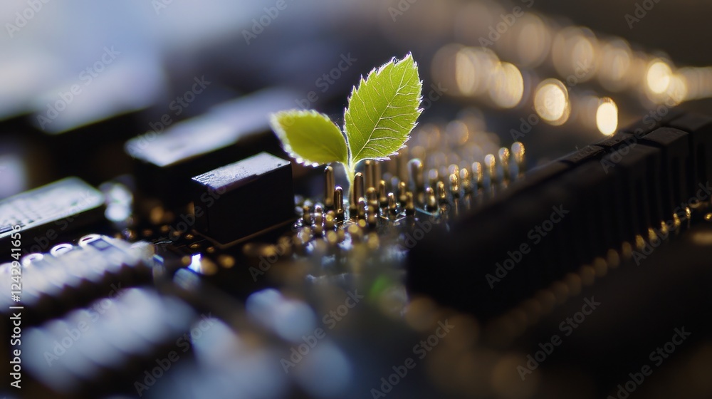 Aufkleber sprout growing from circuit board with components in background for tech, ecology, and nature themes