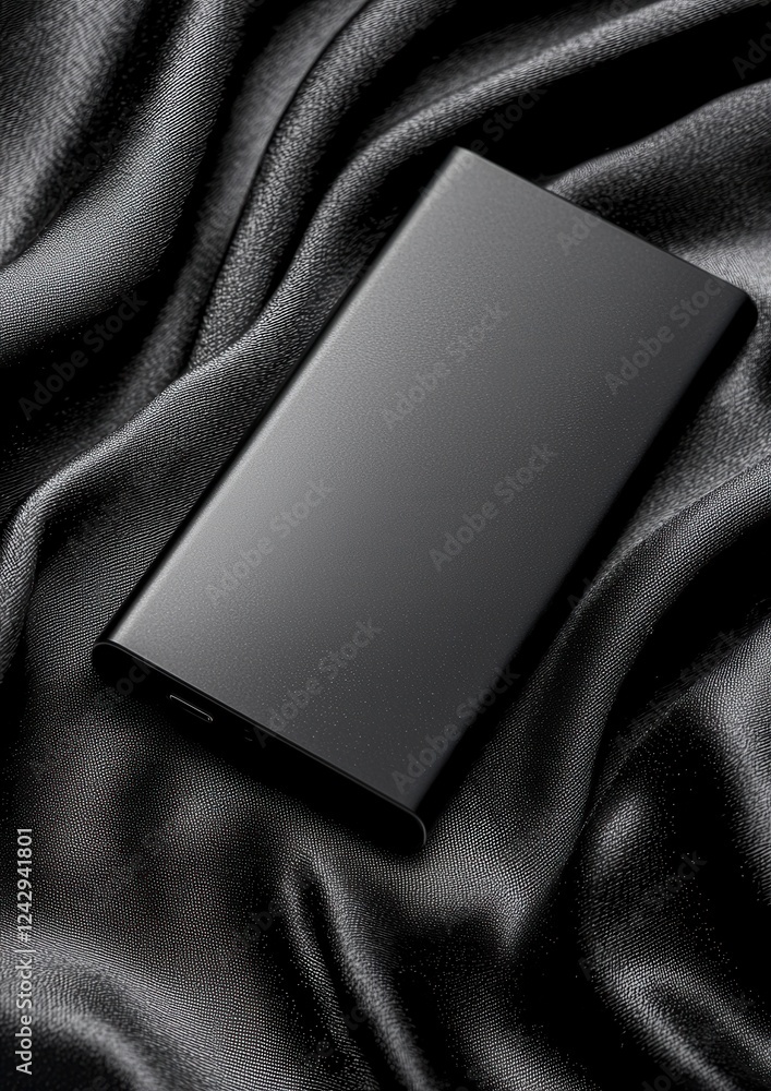 Poster black and white photograph of a rectangular-shaped object lying on a textured fabric. the object app