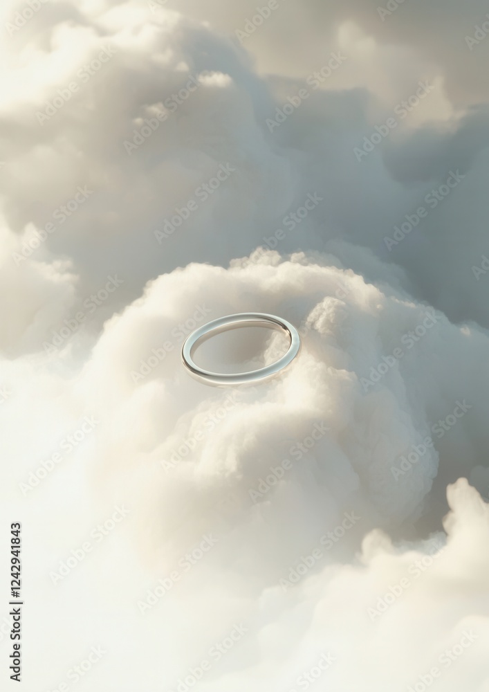 Poster digital illustration of a ring floating in the sky. the ring is in the center of the image, with a w