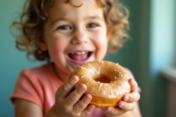Naklejka premium Closeup of a delighted child holding a perfectly glazed donut, picture, pastry, small