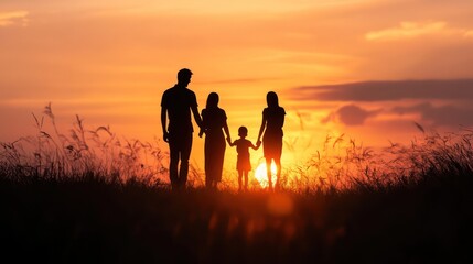 Silhouette Family Sunset: A heartwarming image of a family of four silhouettes holding hands during a vibrant sunset, symbolizing unity, love, and togetherness.