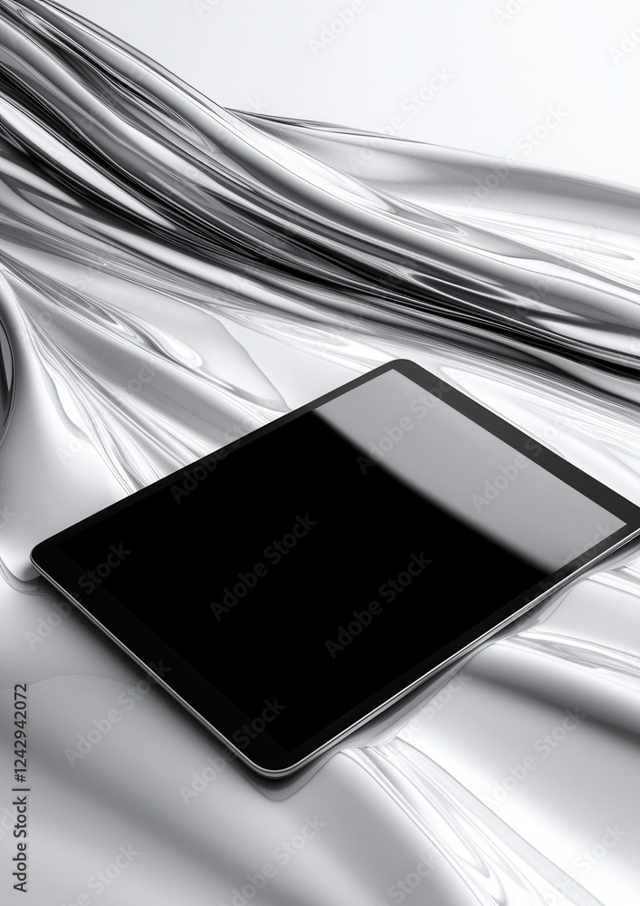 Poster digital illustration of a tablet with a black screen. the tablet is placed on a white surface with a