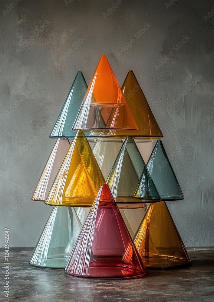 Poster group of colorful glass triangles arranged in a pyramid-like structure on a concrete surface. the tr