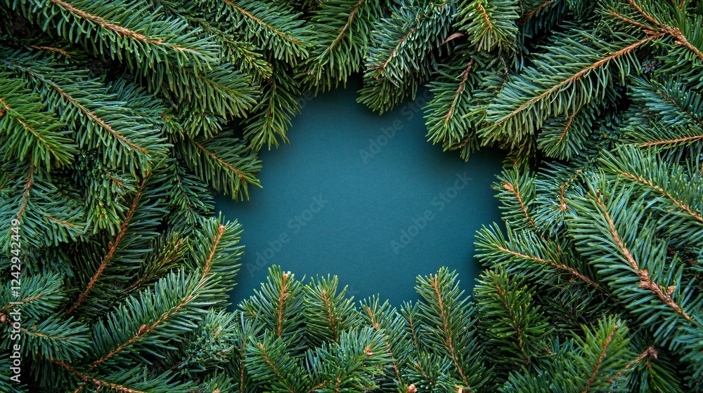 Poster christmas tree branches forming a circular frame on a green background