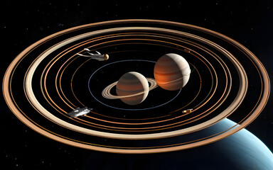 Obraz premium vessel soaring past giant planetary rings