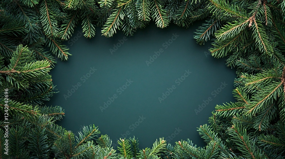Poster Christmas fir tree branches border on dark green background creating copy space