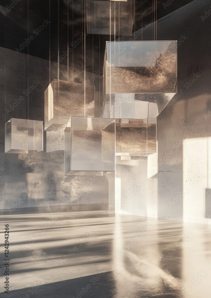 Poster empty room with concrete walls and floor. the room is dimly lit with natural light coming in from th