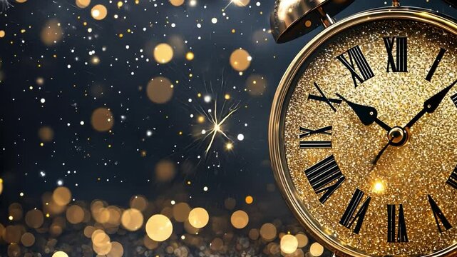 A glittering vector of a countdown clock that strikes midnight for the New Year, with gold and silver glitters adorning the background in a festive and sophisticated design.