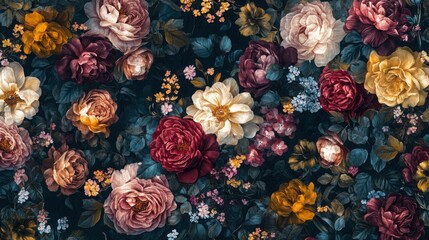 Fototapeta premium Floral Pattern Background with Roses, Peonies and Small Flowers