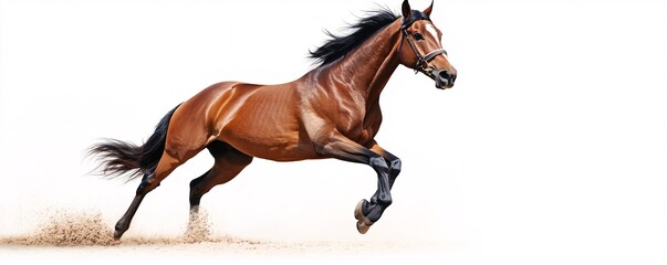 Obraz premium Beautiful bay horse galloping and kicking up dust on white background