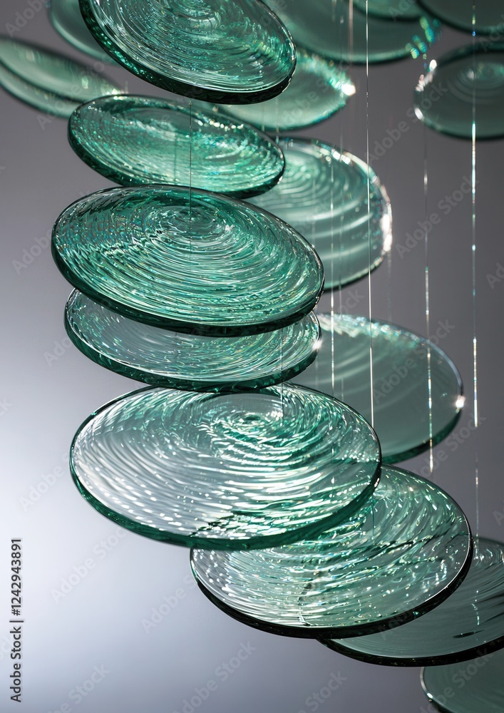 Poster group of green glass plates arranged in a circular pattern. the plates are of different sizes and sh