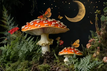  magical forest scene featuring an enchanting arrangement of vibrant wild mushrooms, including red and white fly agaric mushrooms, golden chanterelles, and other exotic fungi, set in a lush woodland  